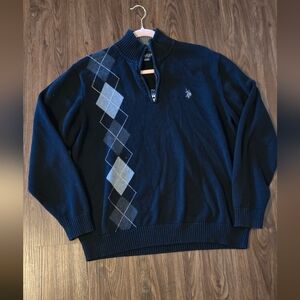 90s U.S. Polo Cotton Mens Black Sweater Crew Neck SZ L 1/4 Zipper Casual #98